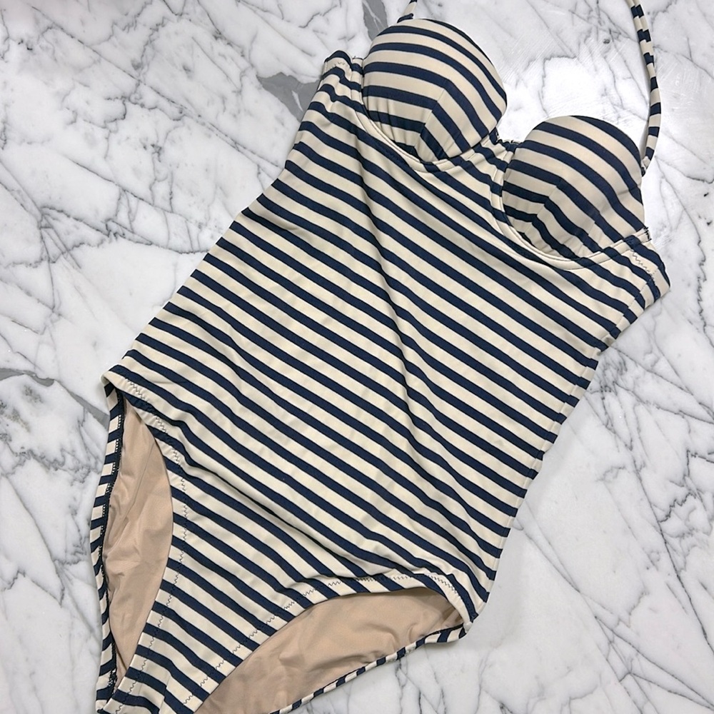 Navy and Cream Striped J. Crew Bustier Style One Piece Swimsuit